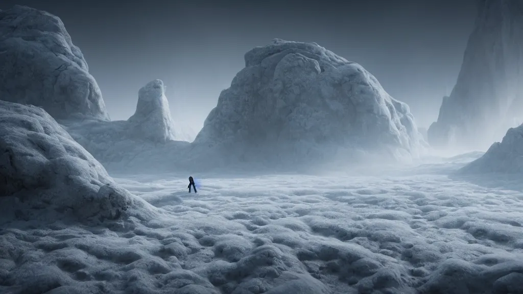 Prompt: A dreamlike barren snow-covered landscape on a fantastical alien planet, fog, god rays, cinematic lighting, photorealistic, hyperdetailed 3D matte painting, hyperrealism, hyperrealistic, 8k ultraHD octane render