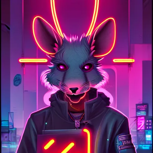 Prompt: beautiful furry digital art portrait commission of an androgynous furry anthro rat fursona wearing punk clothes in the streets of a cyberpunk city. neon signs. character design by charlie bowater, ross tran, artgerm, and makoto shinkai