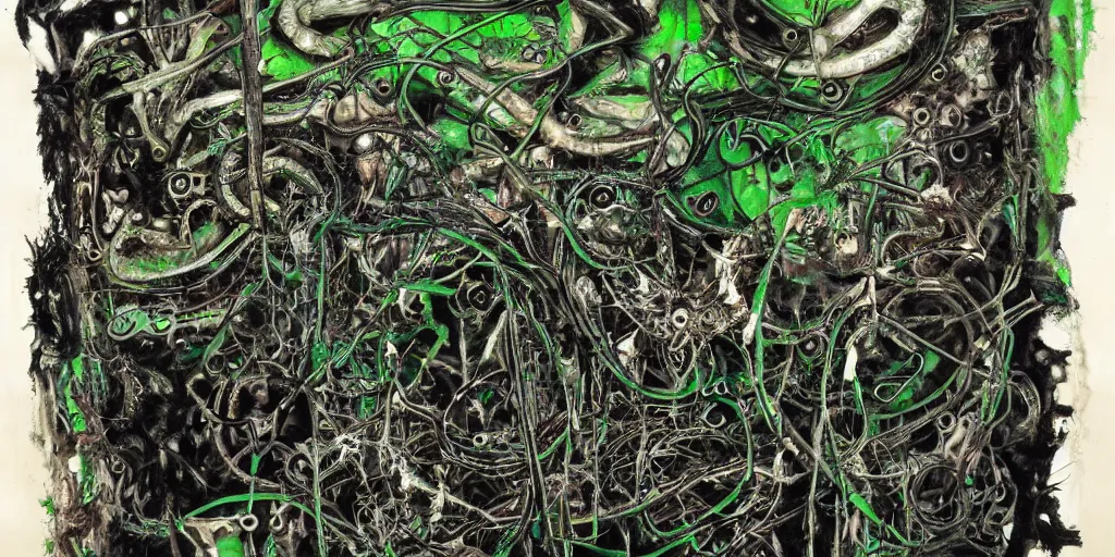 Image similar to a black and green biomechanical talisman of suffering, rotting, fungus, wings by maggi mcdonald, jackson pollock, mark rothko, sabina klein