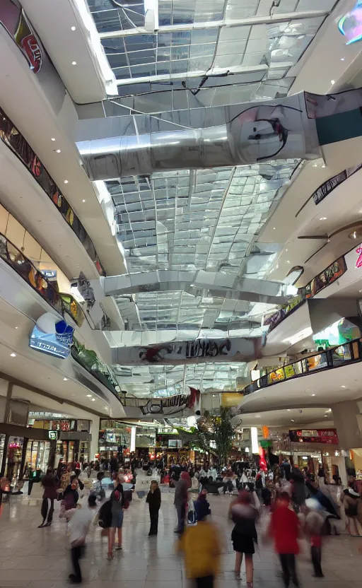 Image similar to photo of a chrome blob hovering in a mall food court, sharp wide shot mallsoft