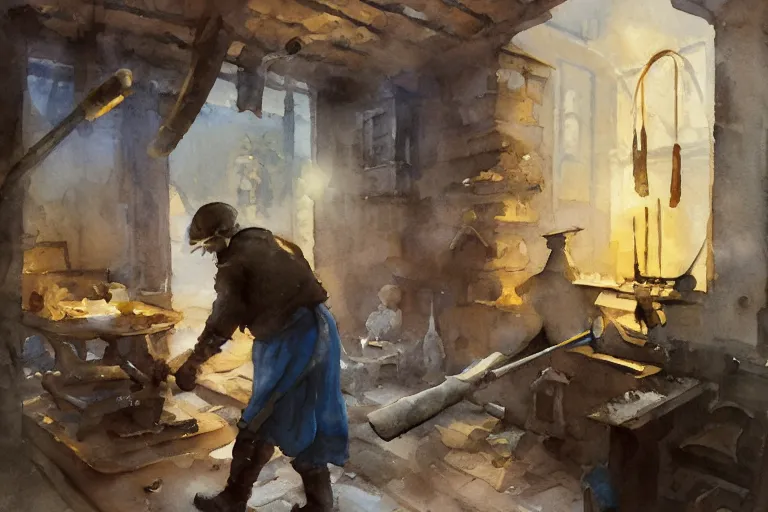 Image similar to small centered on watercolor paper, paint brush strokes, abstract watercolor painting of dirty medieval blacksmith with apron and hammer, anvil, kiln, cinematic light, national romanticism by hans dahl, by jesper ejsing, by anders zorn, by greg rutkowski, by greg manchess, by tyler edlin