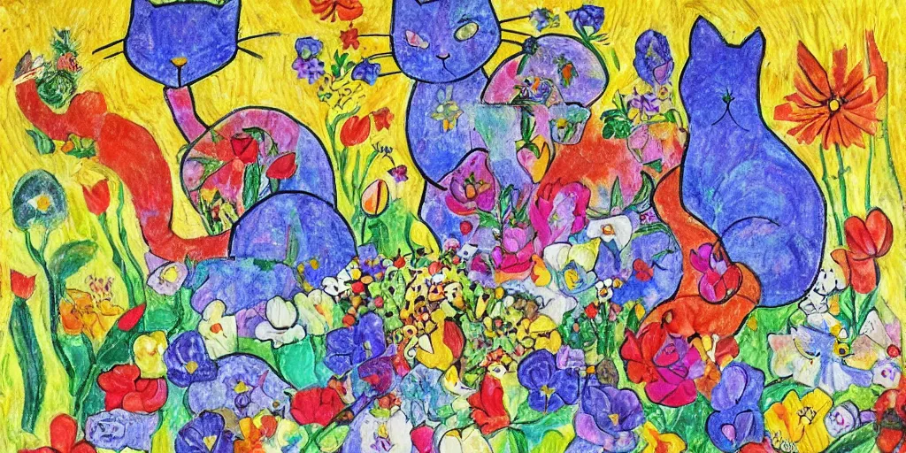 Image similar to cat playing in a garden of flowers, a mix media painting by laurel burch and Leonardo da Vinci and Natalia Goncharova, cluttered , child's drawing