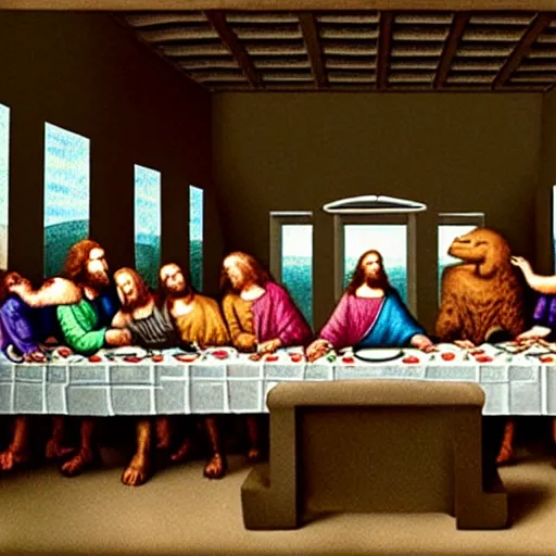 Image similar to the last supper with dinosaurs instead of humans