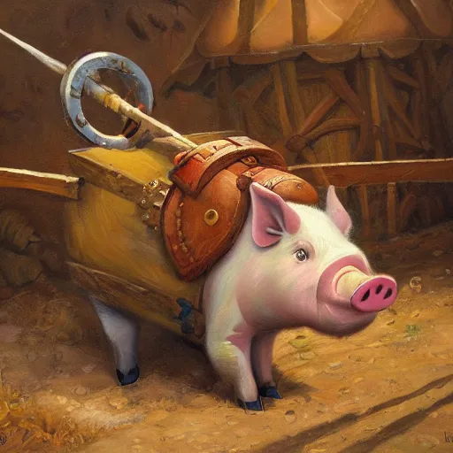 Image similar to trebuchet launching a pig, oil painting by justin gerard, deviantart