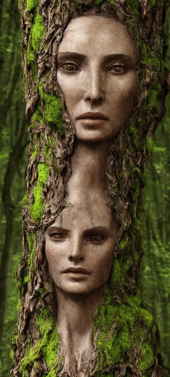 Image similar to photograph of hyperrealistic hyperdetailed ancient woman face in the shape of a tree covered with bark and moss, in a dark mysterious forest, unreal engine, octane,