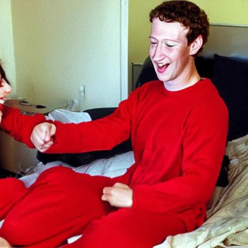 Prompt: mark zuckerberg in a red pajama onesie getting tucked into a racecar bed by his mom circa 1 9 9 3