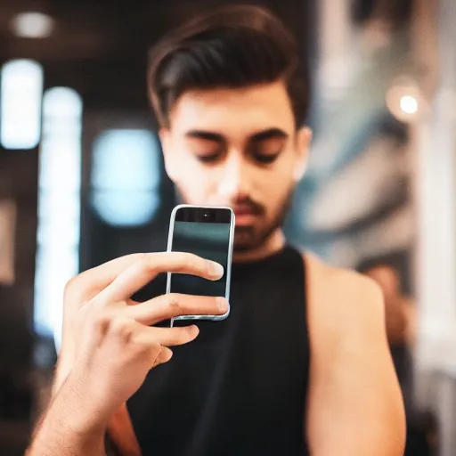 Prompt: thoughtful look of an influencer inside of iphone screen many likes