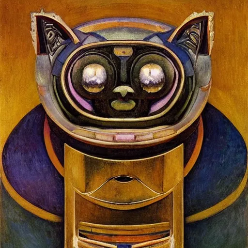 Image similar to masterpiece painting of a bejeweled mechanical robot cat head, by annie swynnerton and diego rivera and nicholas roerich and jean delville, symbolist, dramatic lighting, god rays, elaborate geometric ornament, art brut, rich colors, smooth, sharp focus, extremely detailed, adolf wolfli and ( donato giancola )
