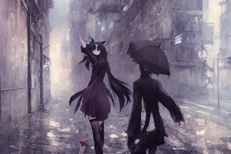 Image similar to woman with cat ears wearing a black lace dress and thigh highs walking in a depressing soviet city, expressive oil painting, digital anime art, highly detailed, character art, beautiful face, by yoshitaka amano, by greg rutkowski, by conrad roset, volumetrics, octane render, rainy street