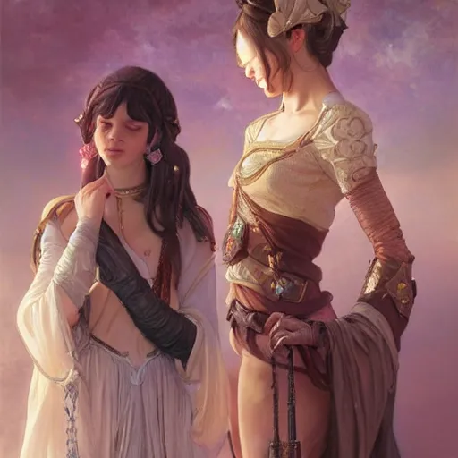 Prompt: portrait of Rem & Ram as actual girls, D&D, fantasy, intricate, elegant, highly detailed, digital painting, artstation, concept art, smooth, sharp focus, illustration, art by artgerm and greg rutkowski and alphonse mucha