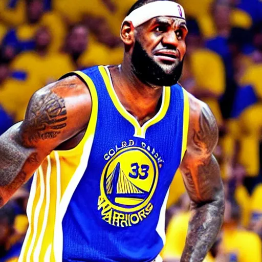 Image similar to professional close!!! up!!! shot!!! photograph of lebron james wearing a golden state warriors jersey in an nba game, wearing nba jersey, focus on face, clear image, as seen on getty images, smooth, uncompressed,