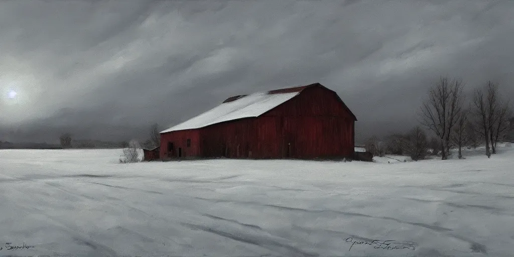 Prompt: a barn in the morning sun, ominous sky, winter, snow, countryside, peter sculthorpe, painting, artstation