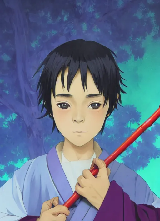 Prompt: young boy with straight indigo hair, purple eyes with red eye markers, slim body, wearing a detailed Japanese kimono with traits of the god Fuujin, holding a pair of fans. rich vivid colors, ambient lighting, dynamic lighting, 4k, official media, anime key visual, makoto shinkai, ilya kuvshinov, lois van baarle, rossdraws, detailed, trending on artstation