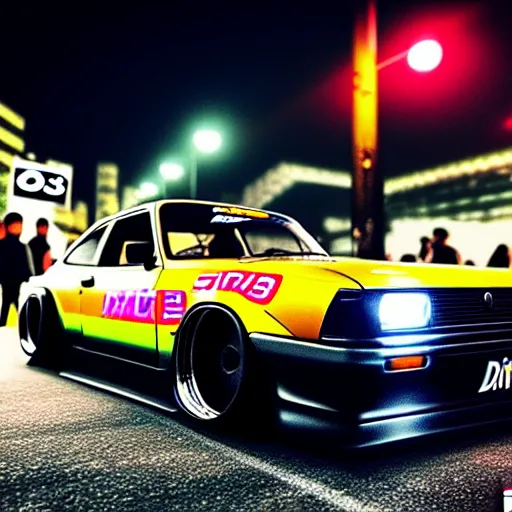 Image similar to a car S30 turbo drift at illegal car meet, shibuya prefecture, midnight mist streetlights, realistic colors, photorealistic, highly detailed wheels, highly detailed