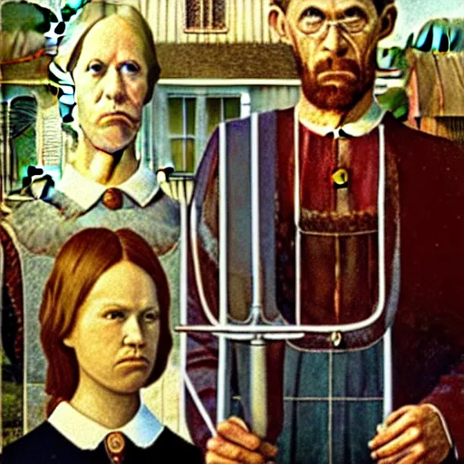 Image similar to satan and jesus in the style of american gothic