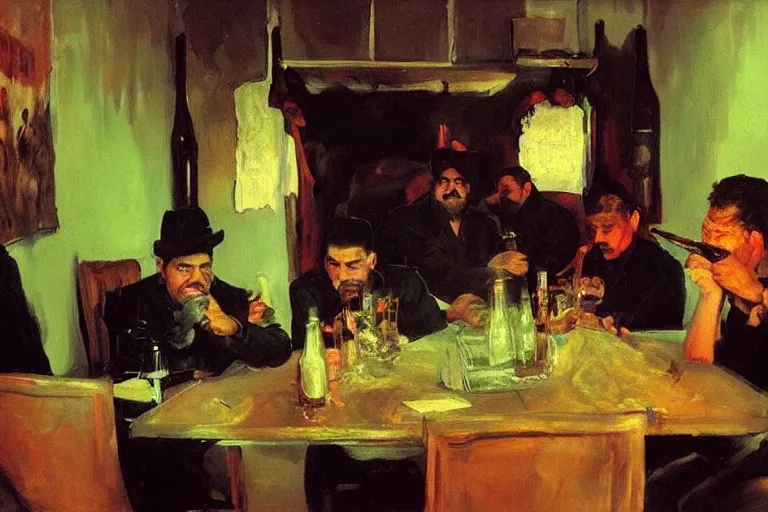 Image similar to cholos drinking brutal and raw wine, inside a tiny green room with red lights by joaquin sorolla, greg rutkowski, bill sienckiwicz, extremely detailed