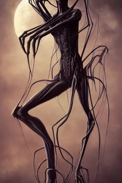 Image similar to portrait of an elegant alien spider queen, long legs, many legs, spindly legs, full body character concept art, by artgerm, tom bagshaw, gerald brom, vaporwave colors, lo - fi colors, vaporwave, lo - fi, moody vibe, goth vibe, 4 k, hd,