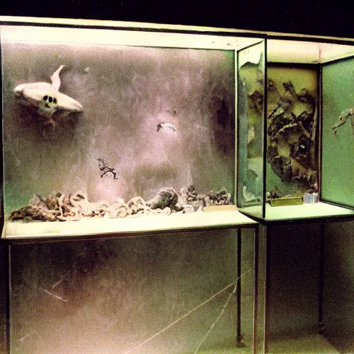Prompt: spooky creepy liminal space, display case, aquatic exhibition museum, dried aquarium, computer screens, photo taken on 1 9 8 0 s fujifilm superia