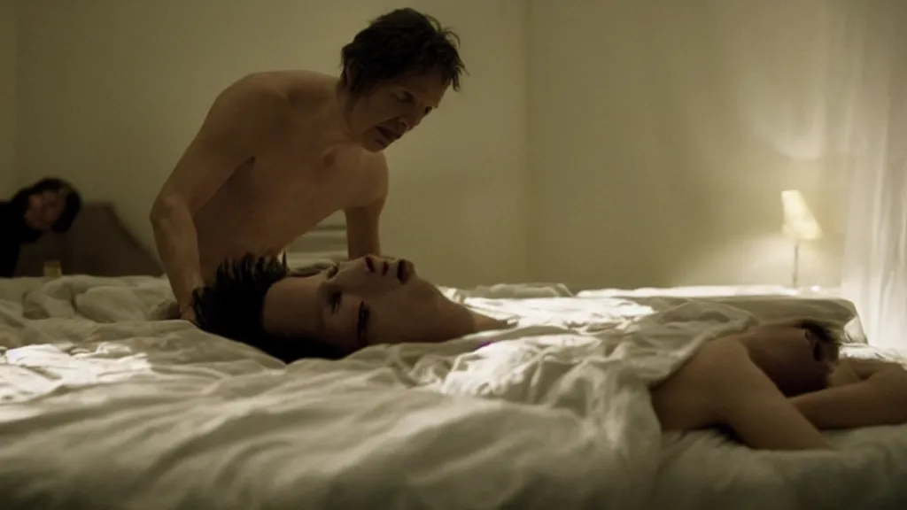 Image similar to the strange creature in the bed, film still from the movie directed by denis villeneuve and david cronenberg with art direction by wayne barlow