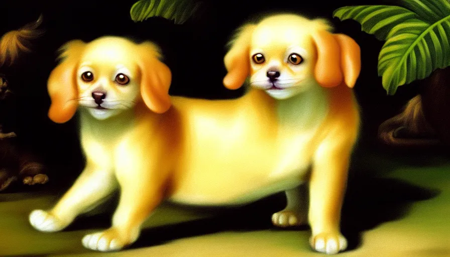 Prompt: a tropical dog dog kitten dog in the style of francisco goya, 4 k resolution, tropical background, tropical