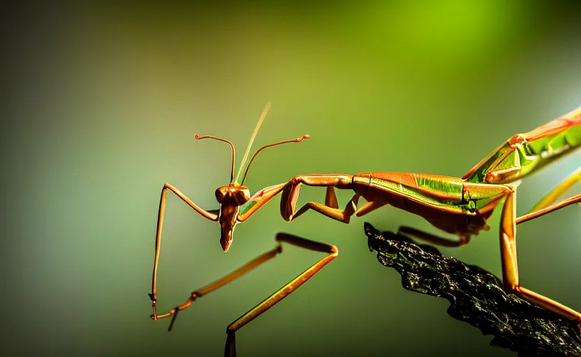 Image similar to extremely detailed macro photograph of a praying mantis, blur, glare, veins, transparency, bubbles, professional photography, studio, microscope