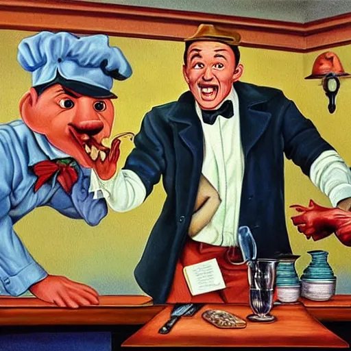 Prompt: beautiful lifelike painting of gene kelly demanding a refund on overcooked dinosaur steak in downtown dive bar bistro, hyperreal detailed facial features and uv lighting, art by ed roth and basil wolverton