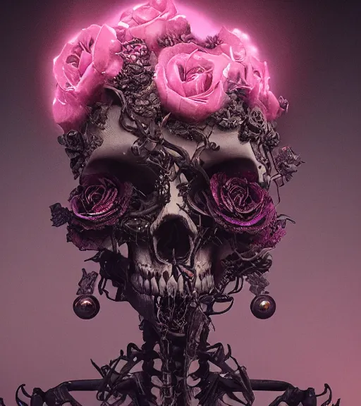 Image similar to a chaotic goddess of death skeleton as a heroine, intricate, elegant skull black rose s day of the dead atmospheric, dramatic, Trending on artstation. augmentations and cybernetic enhancements neon circuits, greg rutkowski , hyperrealist, cinema4D, 8k highly detailed