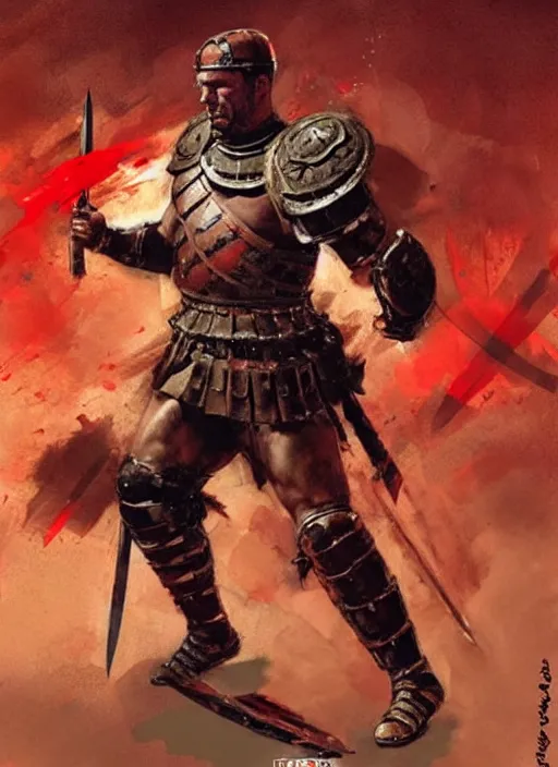 Image similar to muscular roman soldier with sword by simon bisley and greg rutkowski, full body red plate armor! dynamic battle pose, vivid color scheme