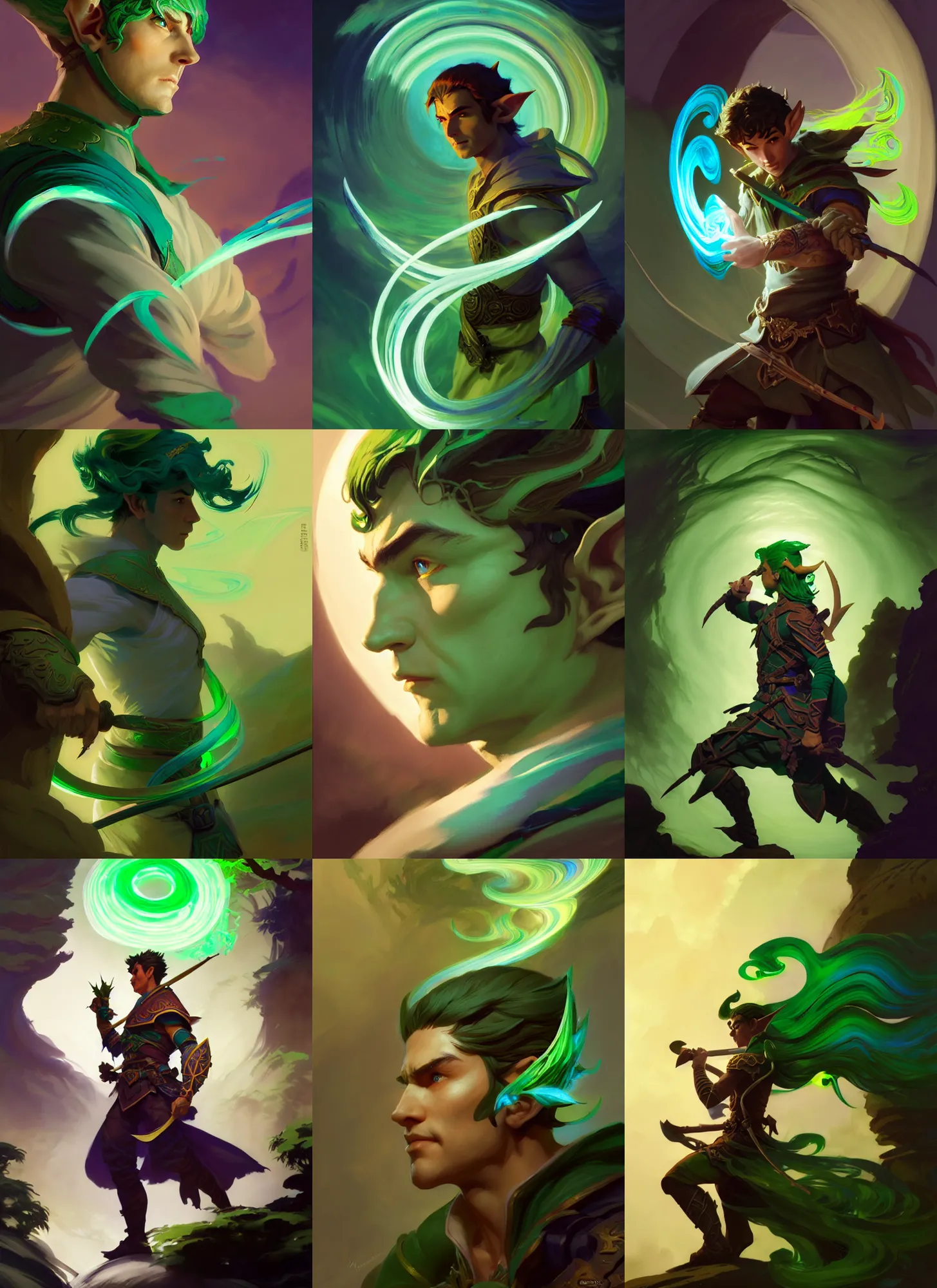 Prompt: side profile, male elf ranger, gloomhaven, luminescent, colorful swirly magic ripples, green earthy colors, by greg manchess, huang guangjian, gil elvgren, sachin teng, greg rutkowski, jesper ejsing, ilya kuvshinov