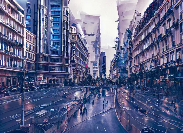 Image similar to Gran Vía from Madrid in the year 3000, futuristic city, award-winning photograph, 4k, HQ, artstation,