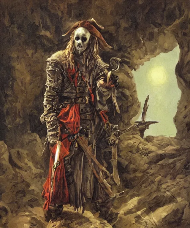 Image similar to ultra realistic color portrait painting of an undead 1 7 th century pirate with a sword in a grotto, dark, painted, brooding, atmospheric, seascape, horror, smooth, epic, highly detailed, cinematic, by angus mcbride