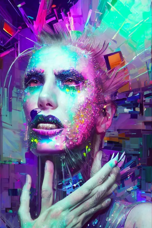 Image similar to portrait, headshot, digital painting, an delightfully mad techno - shaman lady, synthwave, glitter makeup, glitch, chromatic aberration, fracture, crystal explosion, realistic, hyperdetailed, chiaroscuro, concept art, painterly, art by john berkey