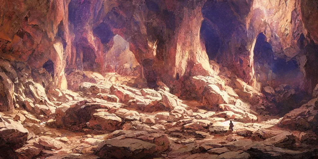 Image similar to painting of majestic curved wall in a dark cave with rocky ground, art by james gurney and greg rutkowski, vivid colors