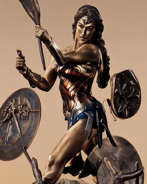 Image similar to a beautiful bronze statue of wonder woman, holding her spear and shield versus the minotaur, photorealistic, atmospheric