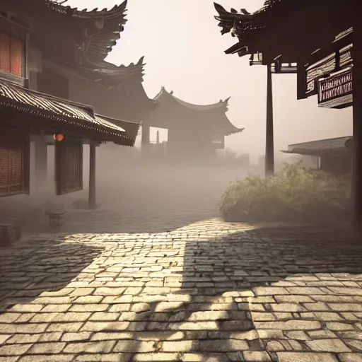 Image similar to old asian village, early sunlight, contrast shadows, mist, fog, water ripples, detailed, photorealistic, artstation, atmospheric, ambient