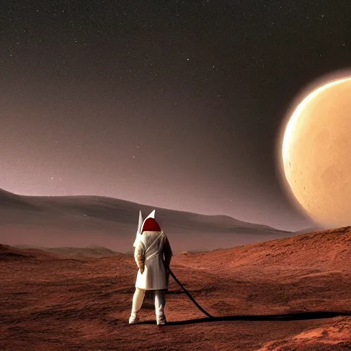 Image similar to a realistic image of gandalf in mars under a full moon