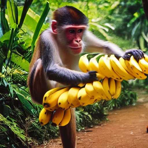 Prompt: multicolor photo of monkey juggling bananas at the jungle by steve mccurry in 4 k ultra high resolution and with dutch angle, with funny feeling