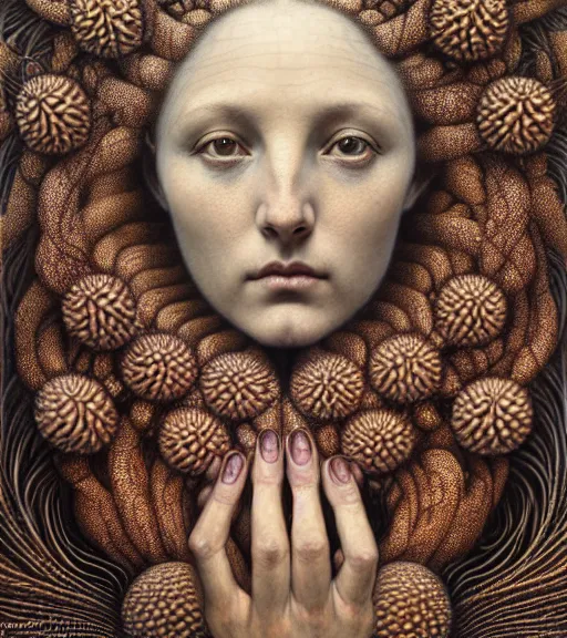 Prompt: detailed realistic beautiful spice goddess face portrait by jean delville, gustave dore, iris van herpen and marco mazzoni, art forms of nature by ernst haeckel, art nouveau, symbolist, visionary, gothic, neo - gothic, pre - raphaelite, fractal lace, intricate alien botanicals, ai biodiversity, surreality, hyperdetailed ultrasharp octane render