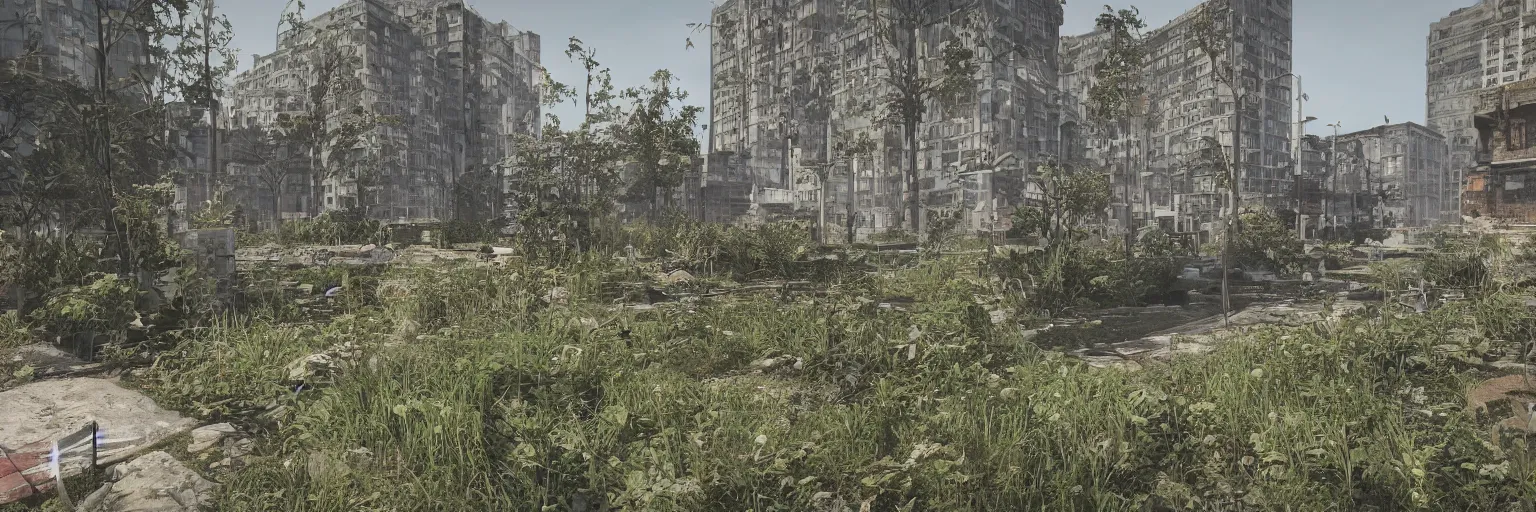 Prompt: “overgrown concrete abandoned city landscape, plants growing on buildings, unreal engine 5, raytracing, 8k”