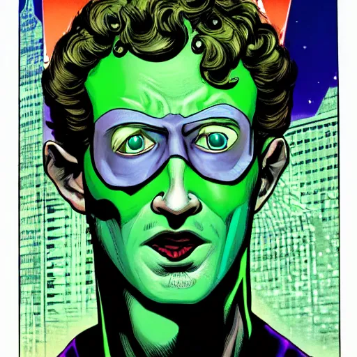 Prompt: Mark Zuckerberg as the riddler in 1990s DC comic cover illustration, bust