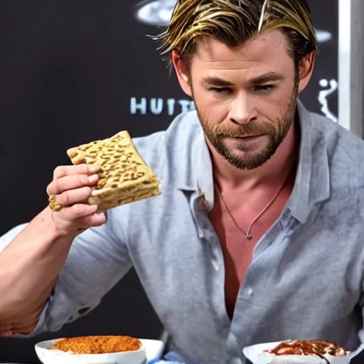 Prompt: Chris Hemsworth eating matzah