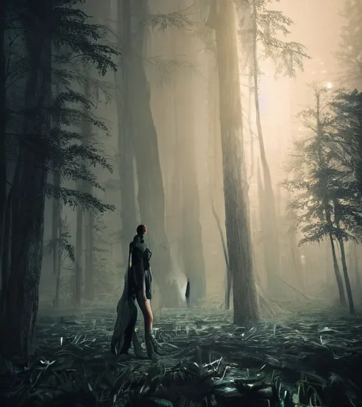 Image similar to daydreaming of the maiden in the cyberpunk forest by maciej kuciara, majestic light, octane render, fog, ethereal glare, volumetric lighting, hyperealistic, epic, masterpiece