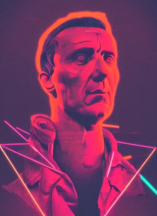 Prompt: portrait of julius caesar with a stoic look, beeple, vaporwave, retrowave, black background, neon, black, glitch, strong contrast, neon wiring, cuts, pinterest, trending on artstation