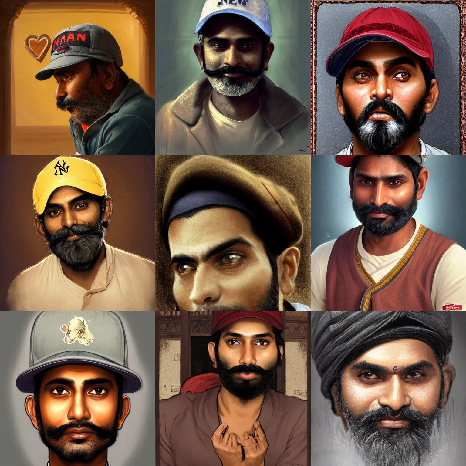 Prompt: Indian man with short black beard, no moustache wearing an NY baseball cap is lookin very sad. A speech bubble showing a heart is next to his head. intricate, highly detailed, digital painting, artstation, concept art, smooth, sharp focus, illustration, art by artgerm and greg rutkowski and alphonse mucha
