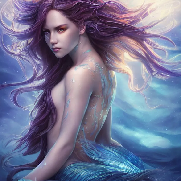 Prompt: beautiful cinematic fantasy poster, a beautiful glistening mermaid with flowing hair, beautiful glowing galaxy eyes, hybrid from The Elden Ring and art direction by Darius Zawadzki ;by artgerm; wayne reynolds art station; cinematic quality character render; low angle; ultra high quality model; production quality cinema model;