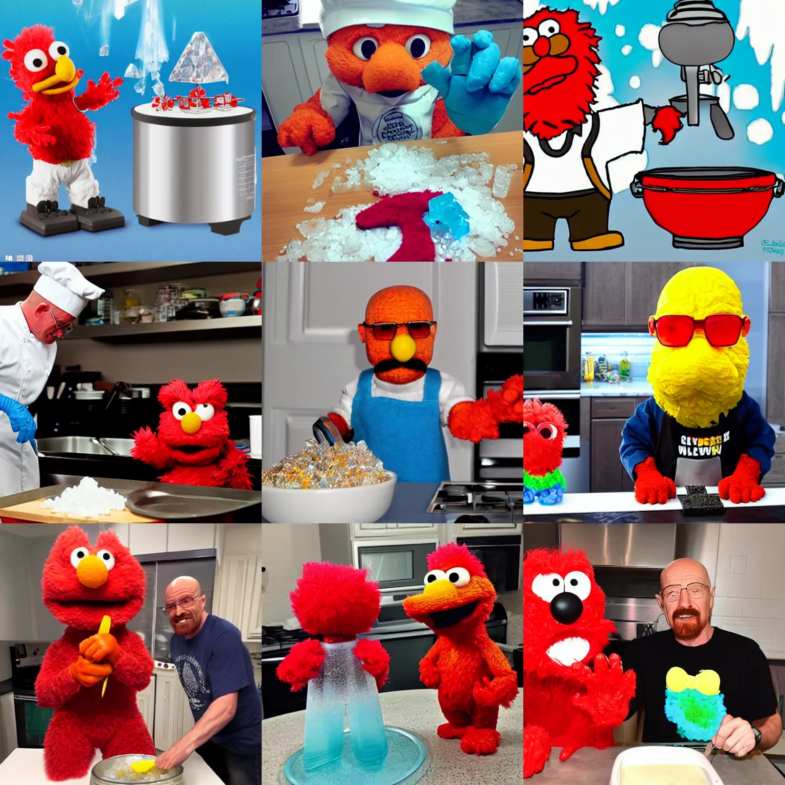 Prompt: Walter White cooking crystals with Elmo