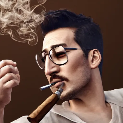 Image similar to a closeup photo of handsome gigachad markiplier smoking a cigar, 8k photorealism, extremly detailed, trending on artstation