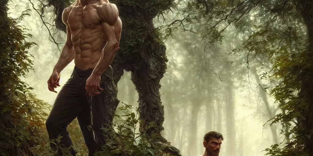 Prompt: caucasian man in park of forest gog, male, clear face, masculine, upper body, muscular, fantasy, intricate, elegant, highly detailed, digital painting, artstation, concept art, matte, sharp focus, illustration, art by artgerm and greg rutkowski and alphonse mucha