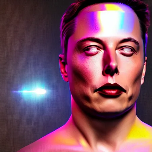 Image similar to 3d render of Elon Musk as a holographic human robotic head made of glossy iridescent, surrealistic 3d illustration of a human face non-binary, non binary model, 3d model human, cryengine, made of holographic texture, holographic material, holographic rainbow, concept of cyborg and artificial intelligence