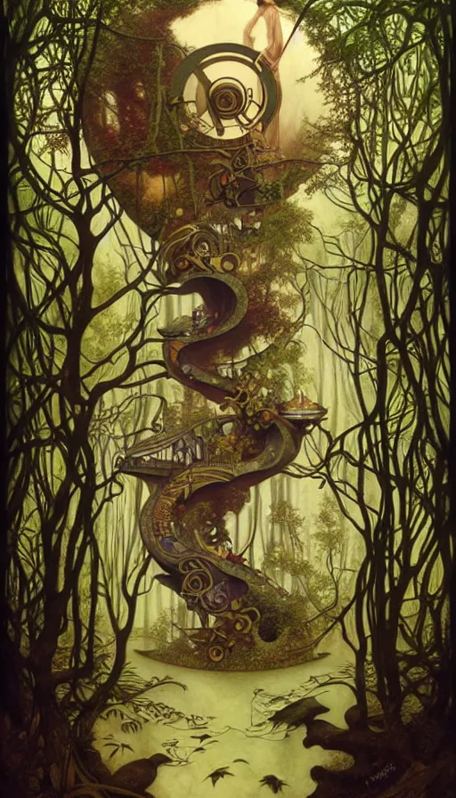 Image similar to M. C. Escher time machine, lush forest painted by tom bagshaw, mobius, mucha M. C. Escher, gold paint, ink, gnarly details